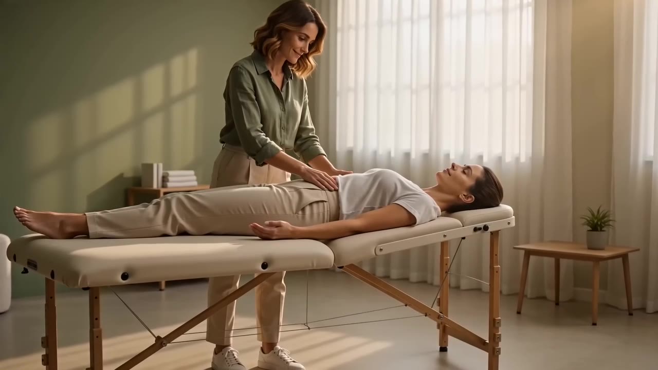 Claire accompagne une patiente dans son cabinet d'ostéopathie