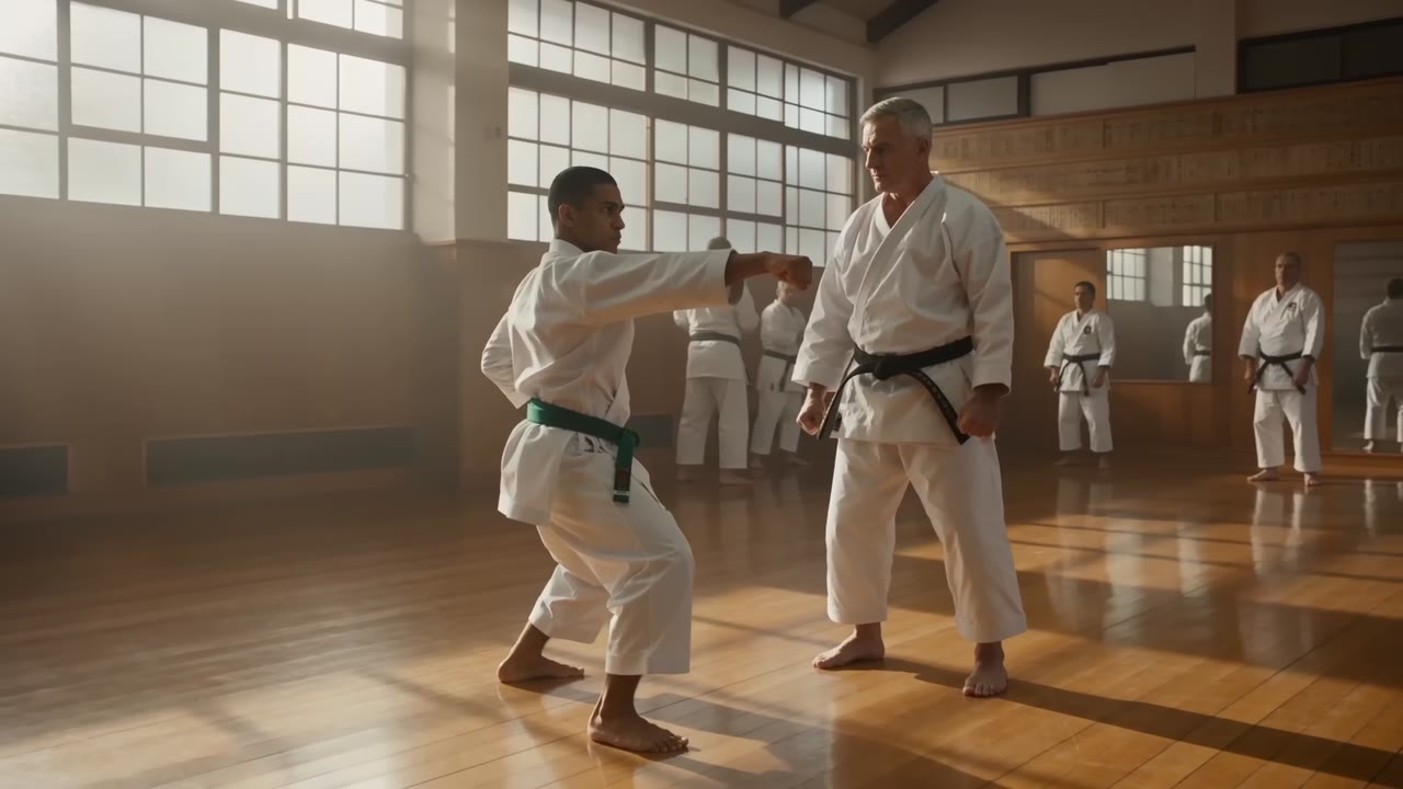 Jean-Luc transmet un geste de karaté à un pratiquant