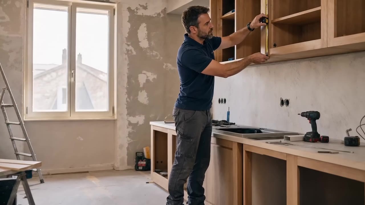 Marc termine la pose d'un meuble sur un chantier